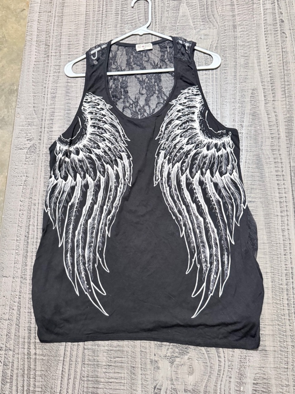 Free Kisses Black Tank Top with Lace Back & White Angel Wing Print